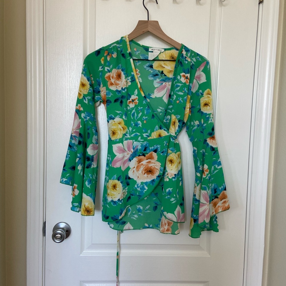 Floral Wrap Blouse with Bell Sleeves - Green